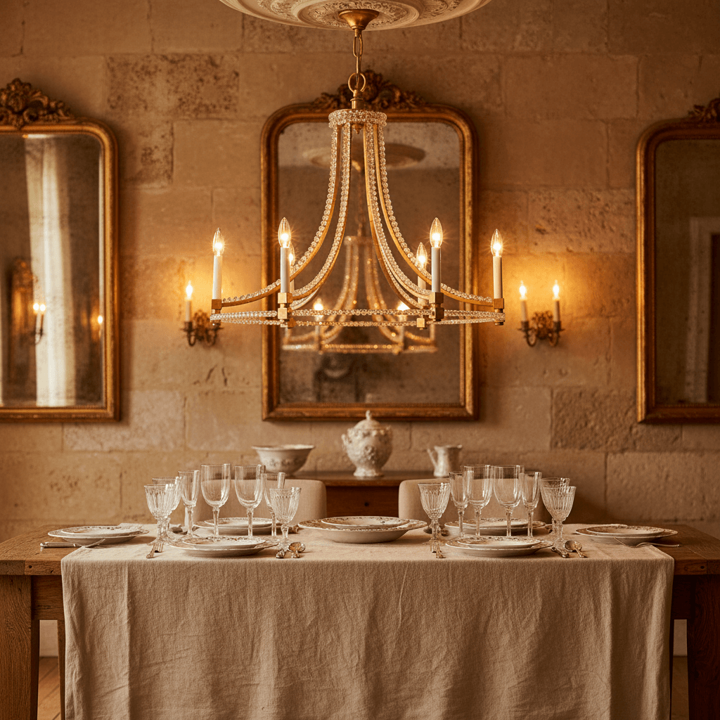 Antique Gold Leaf Chandelier with Glass Beads beautifully hanging over an elegant dining table, showcasing vintage Italian craftsmanship.