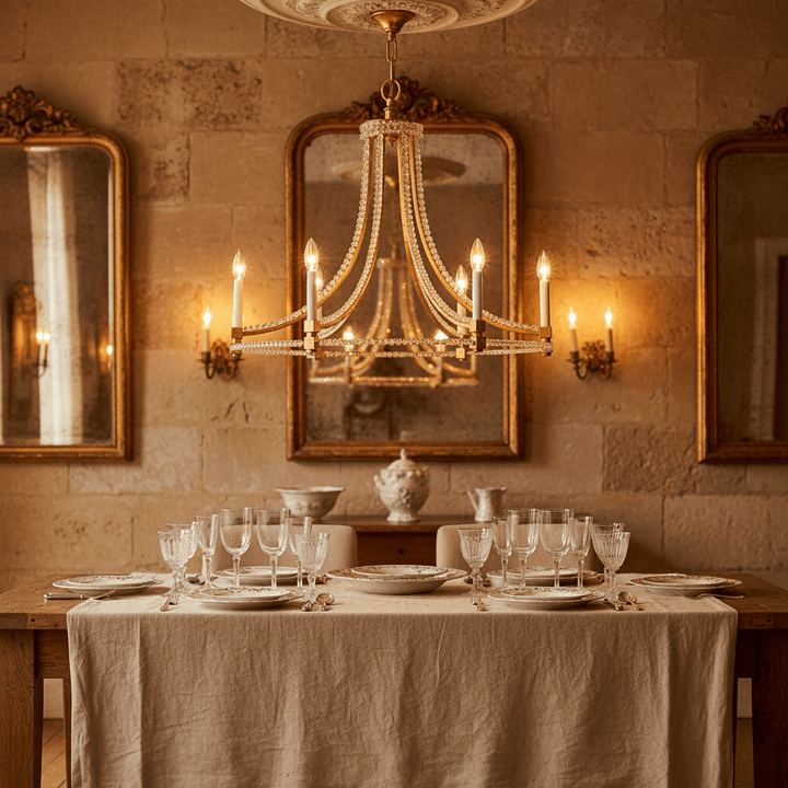 Antique Gold Leaf Chandelier with Glass Beads beautifully hanging over an elegant dining table, showcasing vintage Italian craftsmanship.