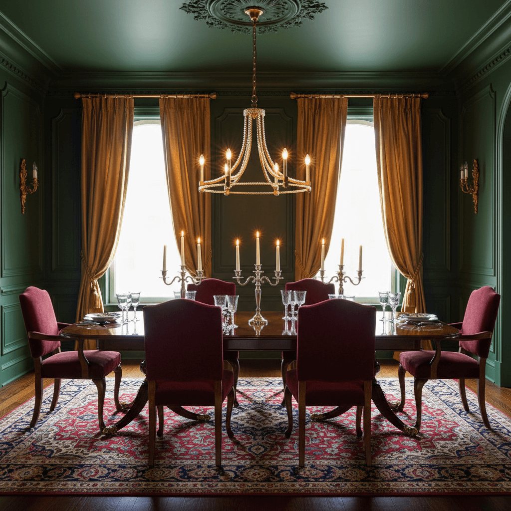 Elegant dining room featuring an Antique Gold Leaf Chandelier with Glass Beads, adding Italian craftsmanship and vintage glamour.