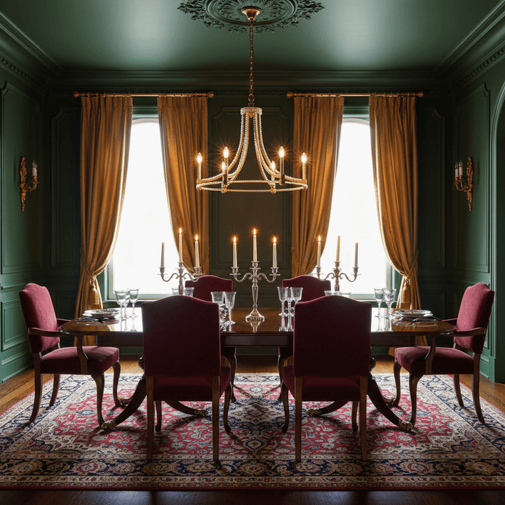 Elegant dining room featuring an Antique Gold Leaf Chandelier with Glass Beads, adding Italian craftsmanship and vintage glamour.
