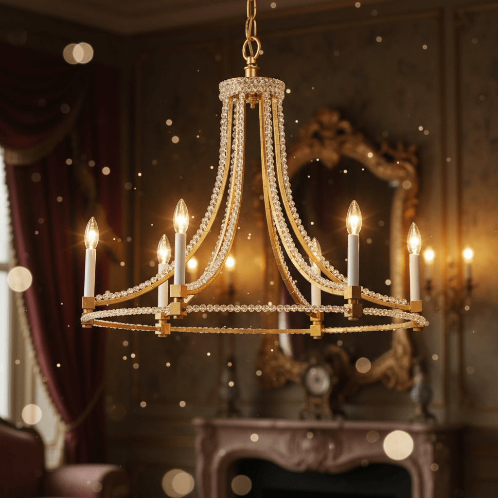 Antique Gold Leaf Chandelier with Glass Beads in a vintage Italian room, featuring elegant glass beads and gold accents.