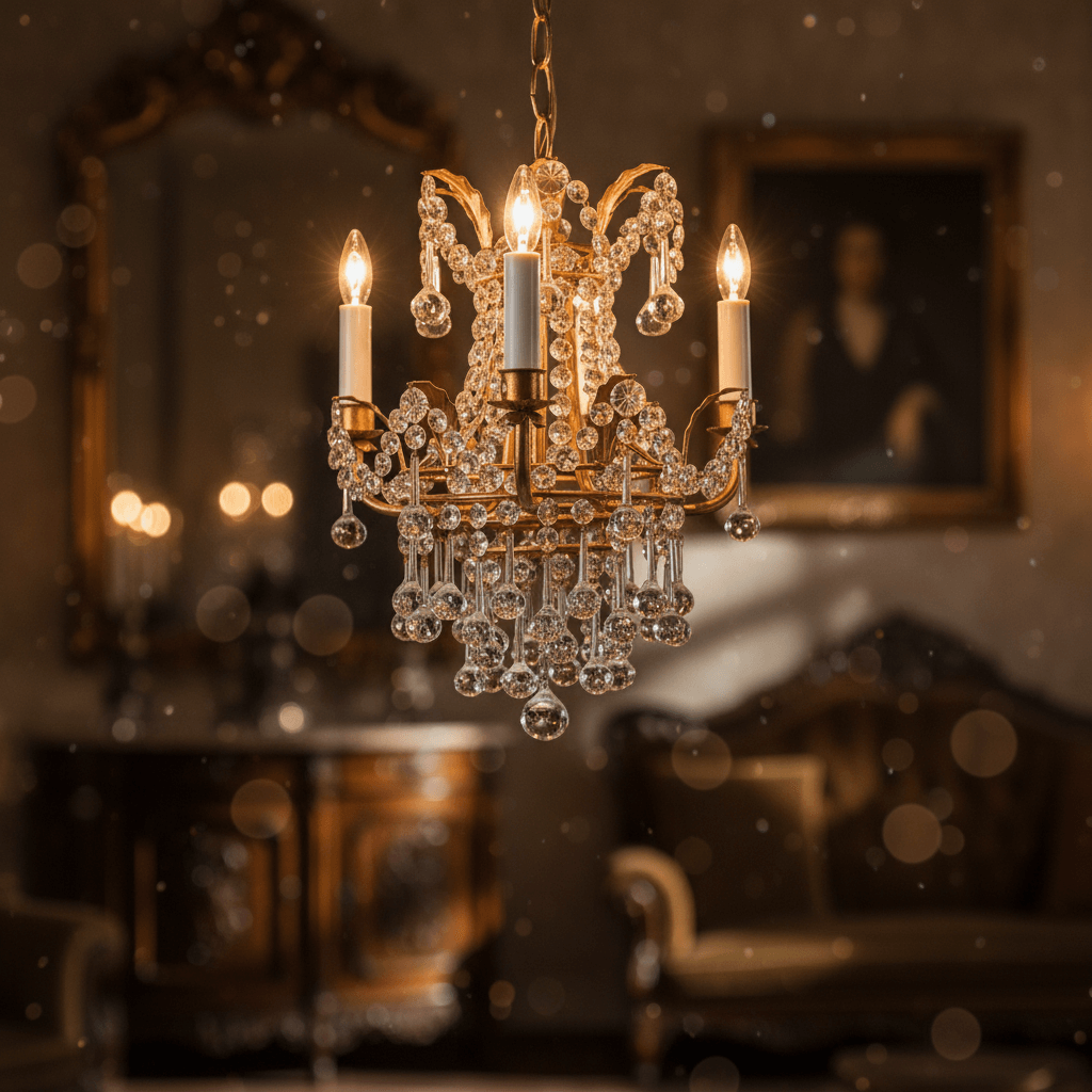 Antique Gold Leaf Italian Mini Crystal Chandelier