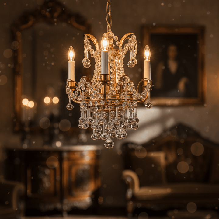 Antique Gold Leaf Italian Mini Crystal Chandelier