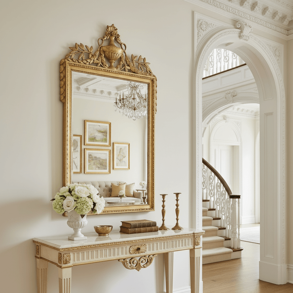 Decorative interior with a large ornate mirror, table with flowers and books, and staircase.