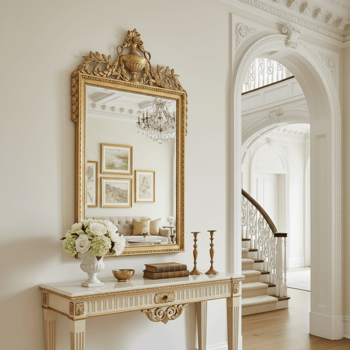 Decorative interior with a large ornate mirror, table with flowers and books, and staircase.