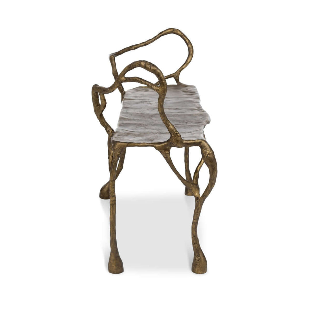 Antique Gold Organic Branch Bench with sculptural design and cast aluminum frame, finished in luxurious antique gold, paying homage to nature's artistry.