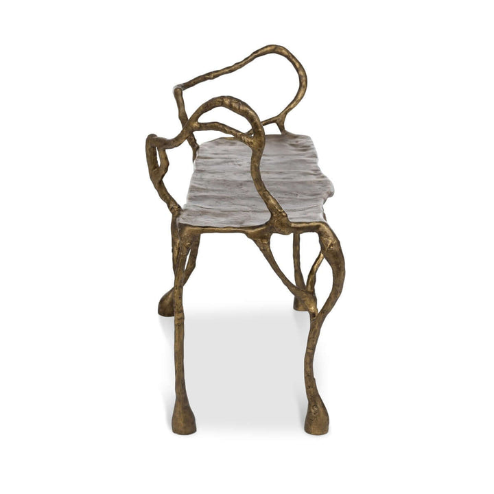 Antique Gold Organic Branch Bench with sculptural design and cast aluminum frame, finished in luxurious antique gold, paying homage to nature's artistry.