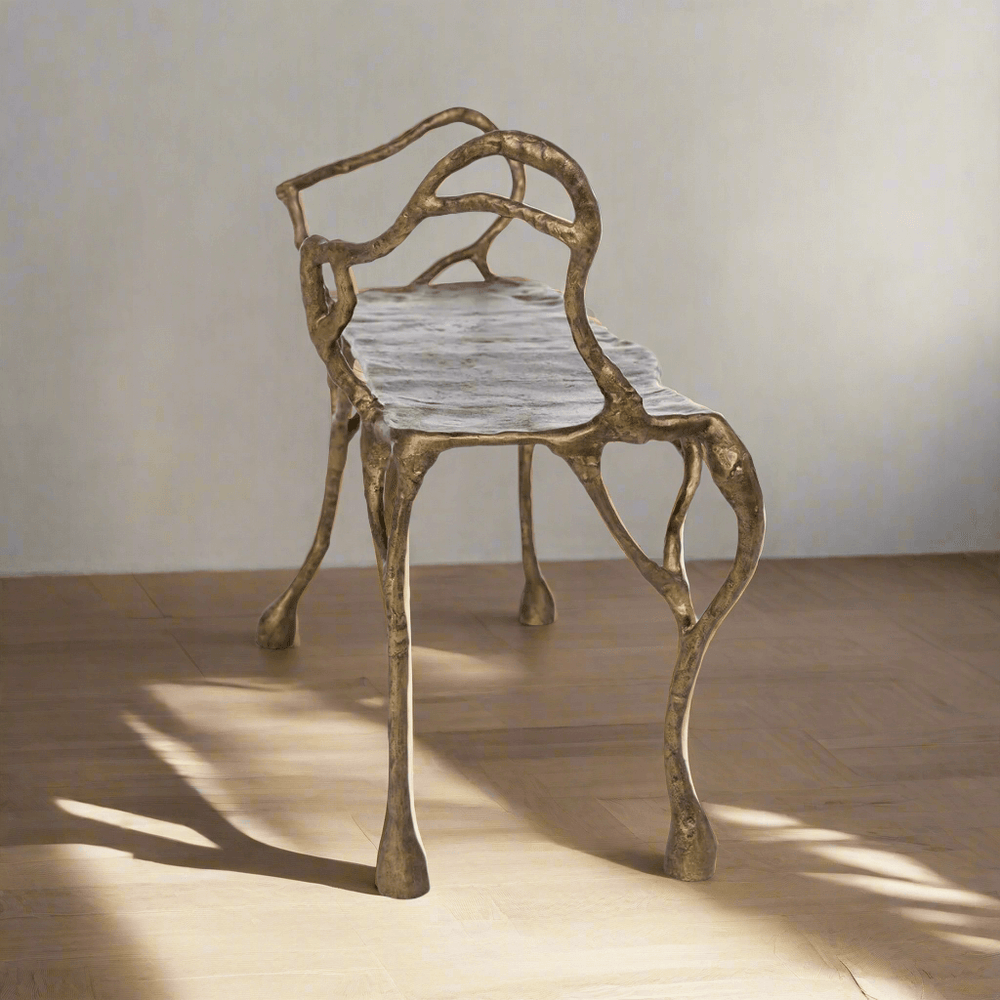 Antique Gold Organic Branch Bench with sculptural cast aluminum frame, capturing nature's artistry and luxury craftsmanship.