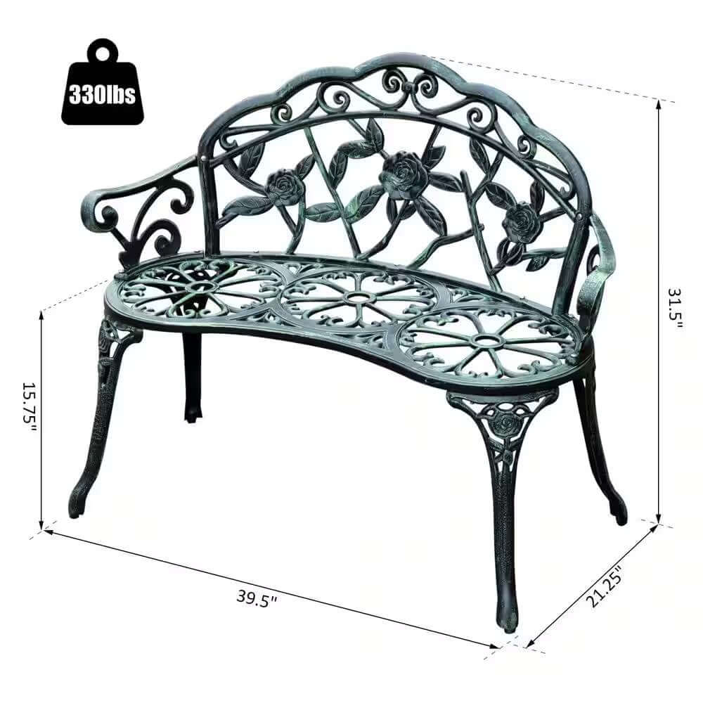 Antique Green Metal Garden Bench with Rose Backrest, featuring a vintage floral design and durable metal construction.