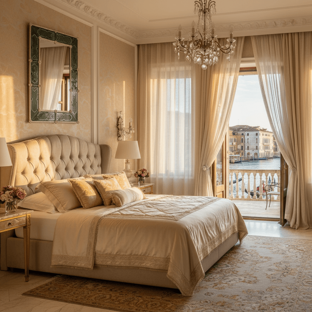 Elegant bedroom featuring an Antique Green Murano Glass Mirror with Smoke Border, reflecting Venetian craftsmanship and artistry.