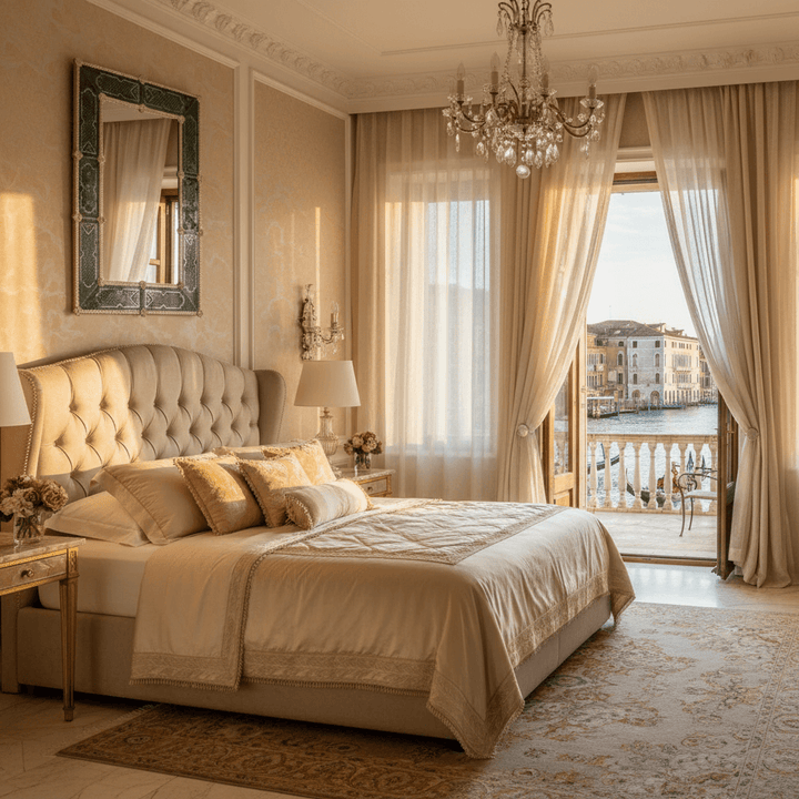 Elegant bedroom featuring an Antique Green Murano Glass Mirror with Smoke Border, reflecting Venetian craftsmanship and artistry.