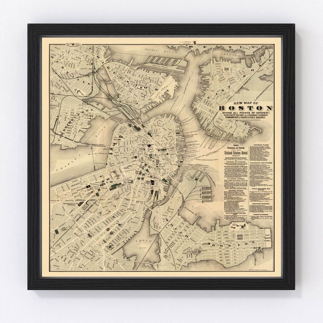 Antique Map of Boston, Massachusetts from 1884 in a vintage frame