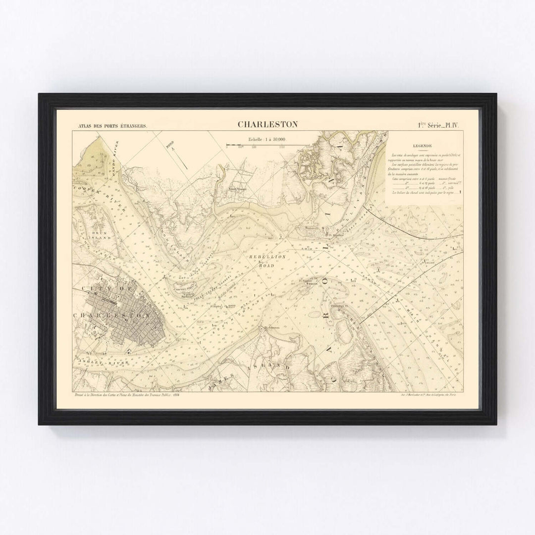 Framed 1884 nautical Antique Map of Charleston, South Carolina showing detailed harbor and city layout.