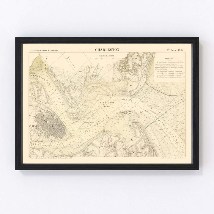 Framed 1884 nautical Antique Map of Charleston, South Carolina showing detailed harbor and city layout.