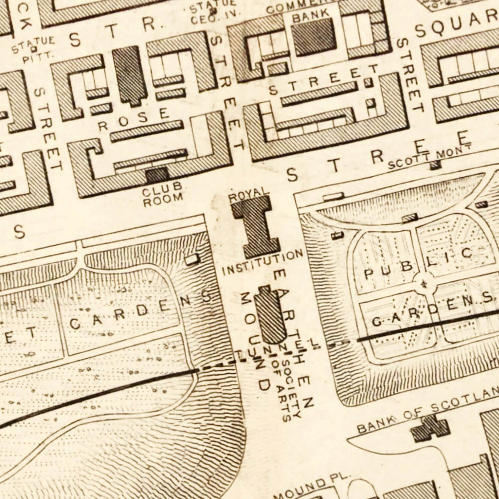 Antique Map of Edinburgh, Scotland from 1851 showing a detailed Victorian-era street layout and landmarks, highlighting the city's rich history.