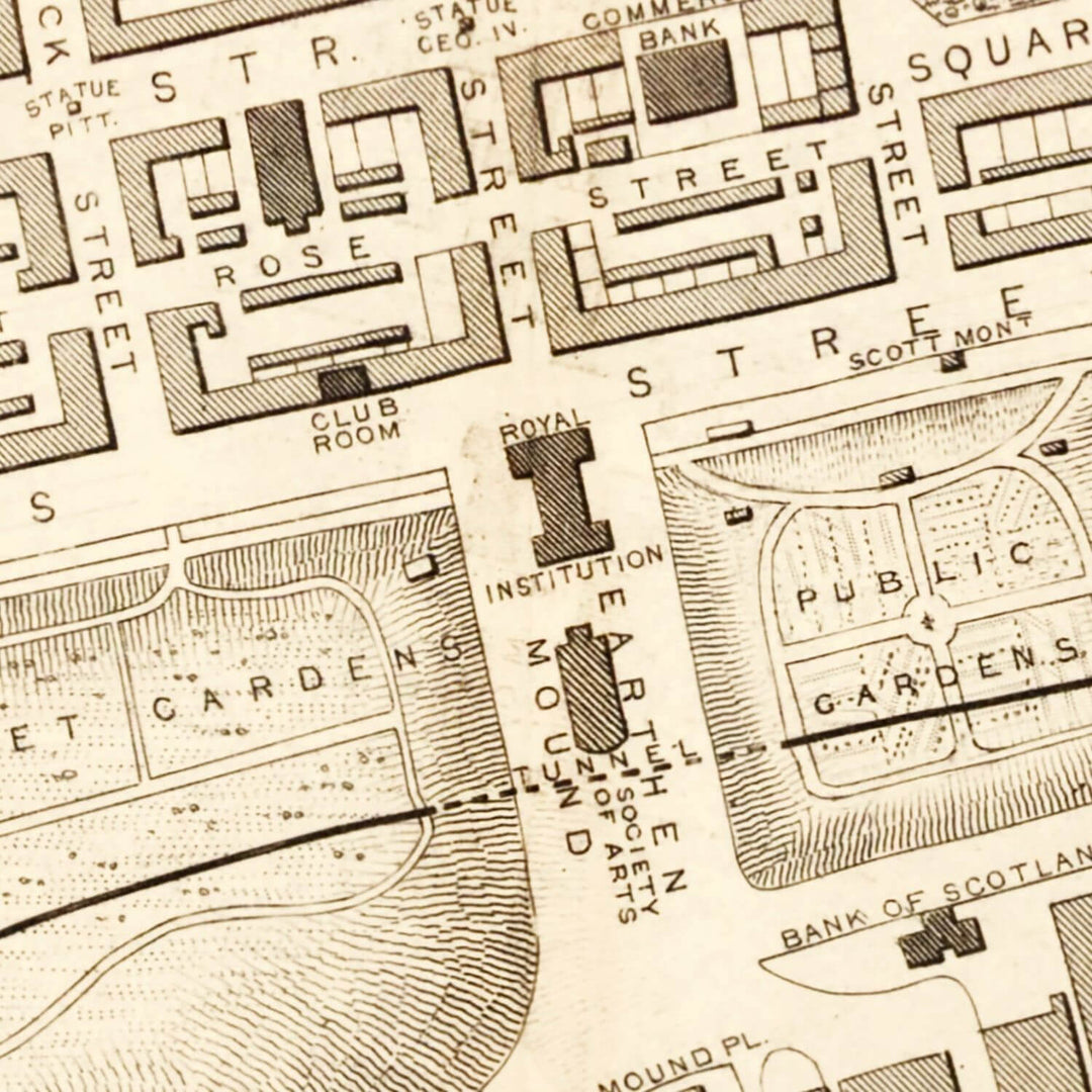 Antique Map of Edinburgh, Scotland from 1851 showing a detailed Victorian-era street layout and landmarks, highlighting the city's rich history.
