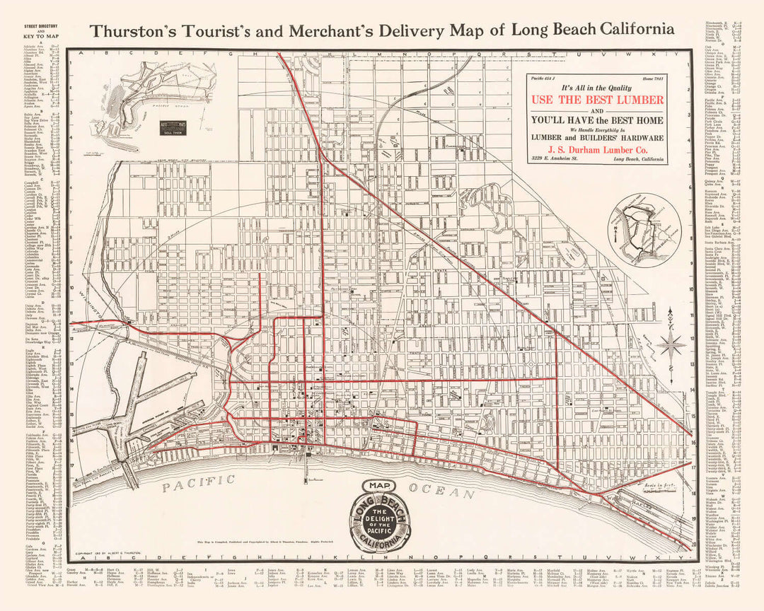 Antique Map of Long Beach, California from 1913 showing detailed streets and coastlines.
