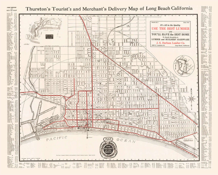 Antique Map of Long Beach, California from 1913 showing detailed streets and coastlines.