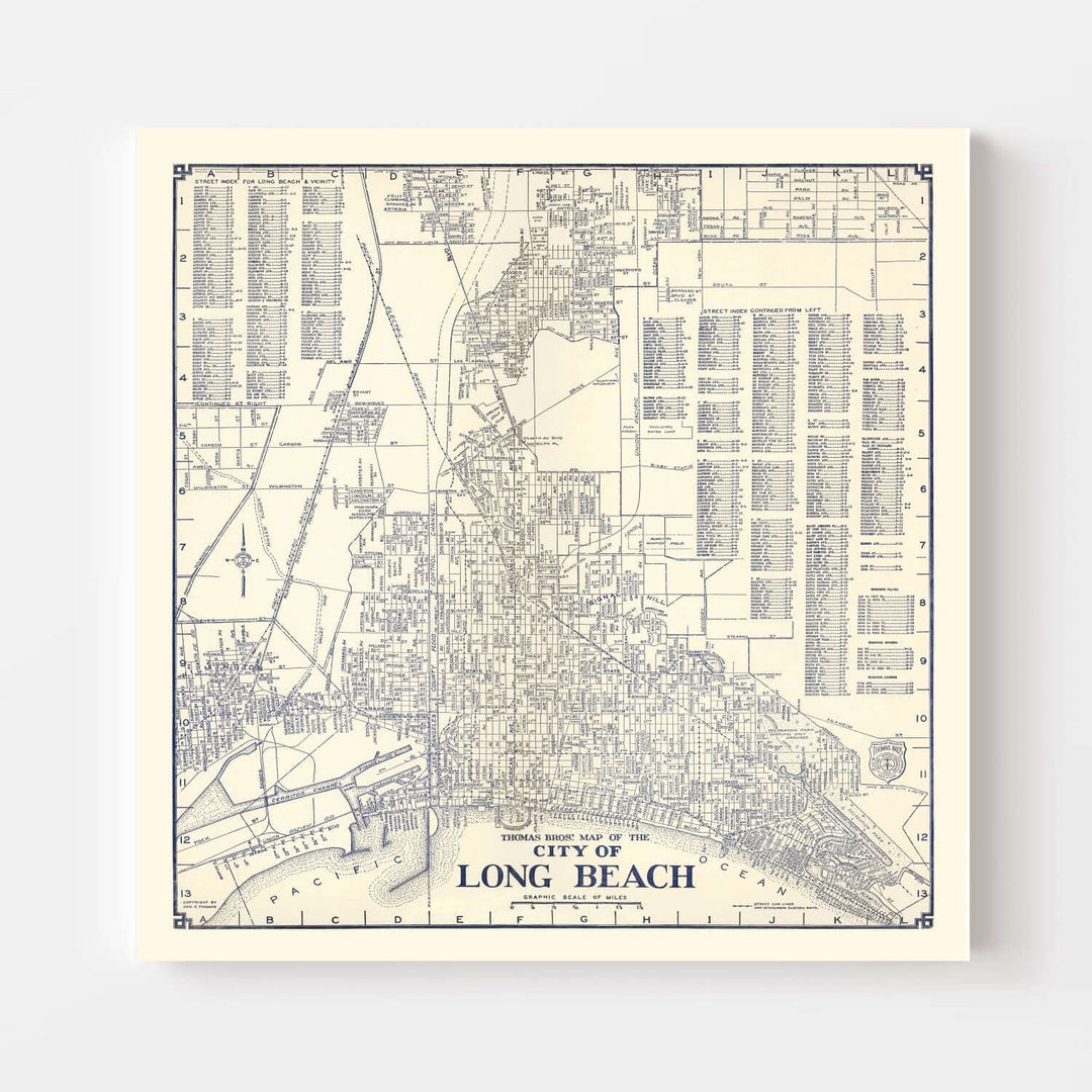 Antique Map of Long Beach, California from 1938, historical cartographic artwork showcasing Southern California's Golden Era charm.