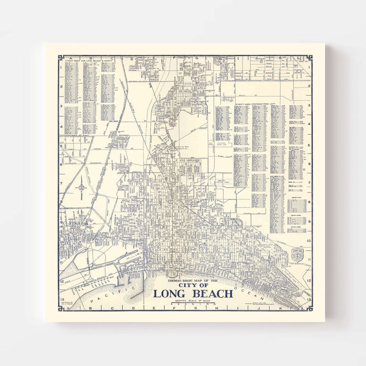 Antique Map of Long Beach, California from 1938, historical cartographic artwork showcasing Southern California's Golden Era charm.
