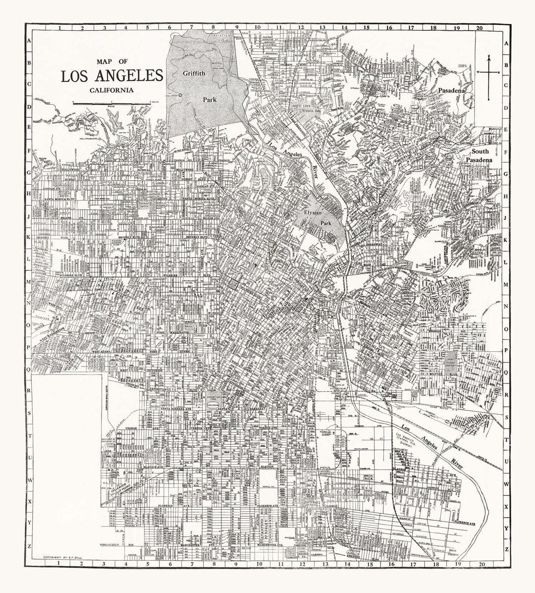 Antique Map of Los Angeles, California from 1929 showing detailed city layout in vintage style.