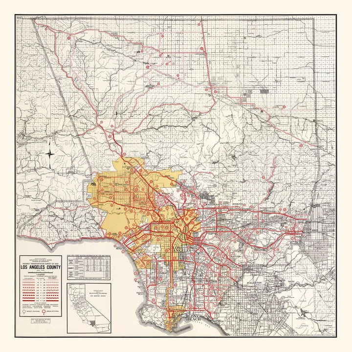 Antique Map of Los Angeles County, California from 1935 showing historic urban development