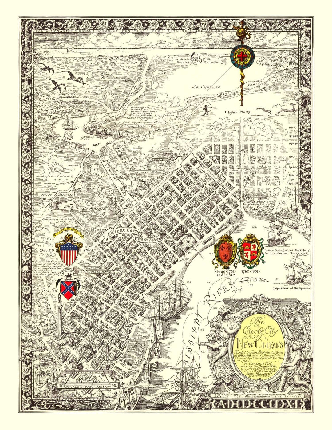 Antique Map of New Orleans, Louisiana from 1930 showcasing Art Deco charm and historic Crescent City layout.