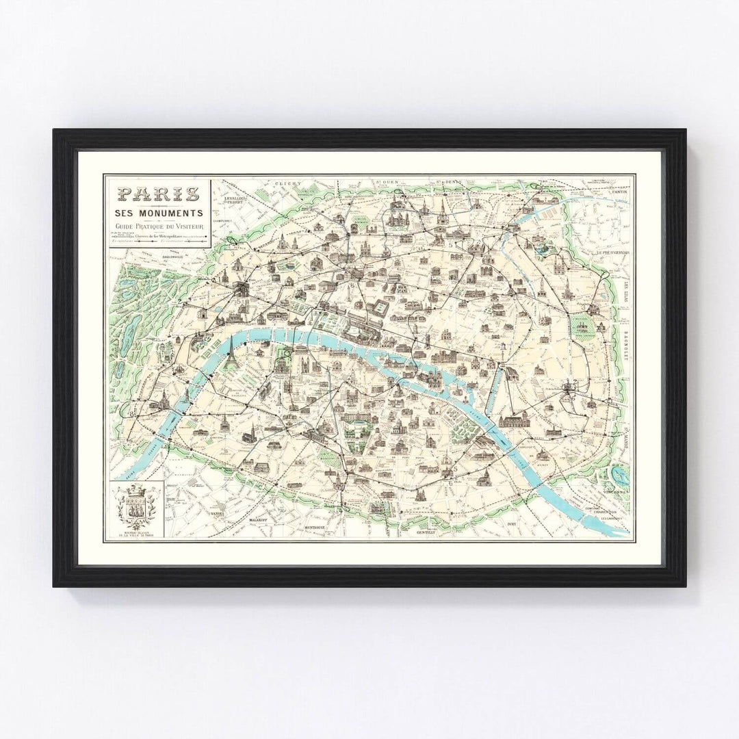 Antique Map of Paris, France from 1905 framed on wall