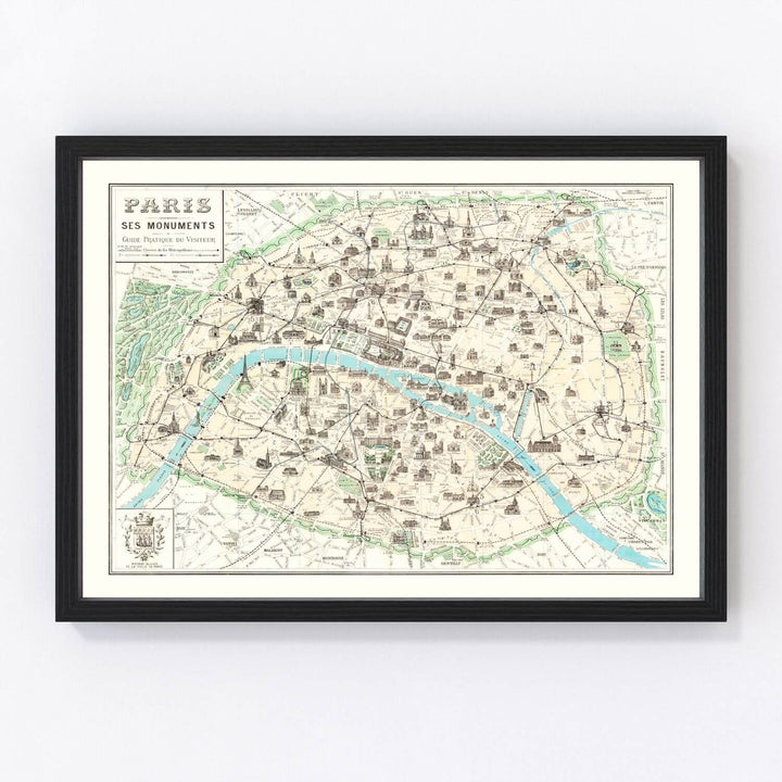 Antique Map of Paris, France from 1905 framed on wall