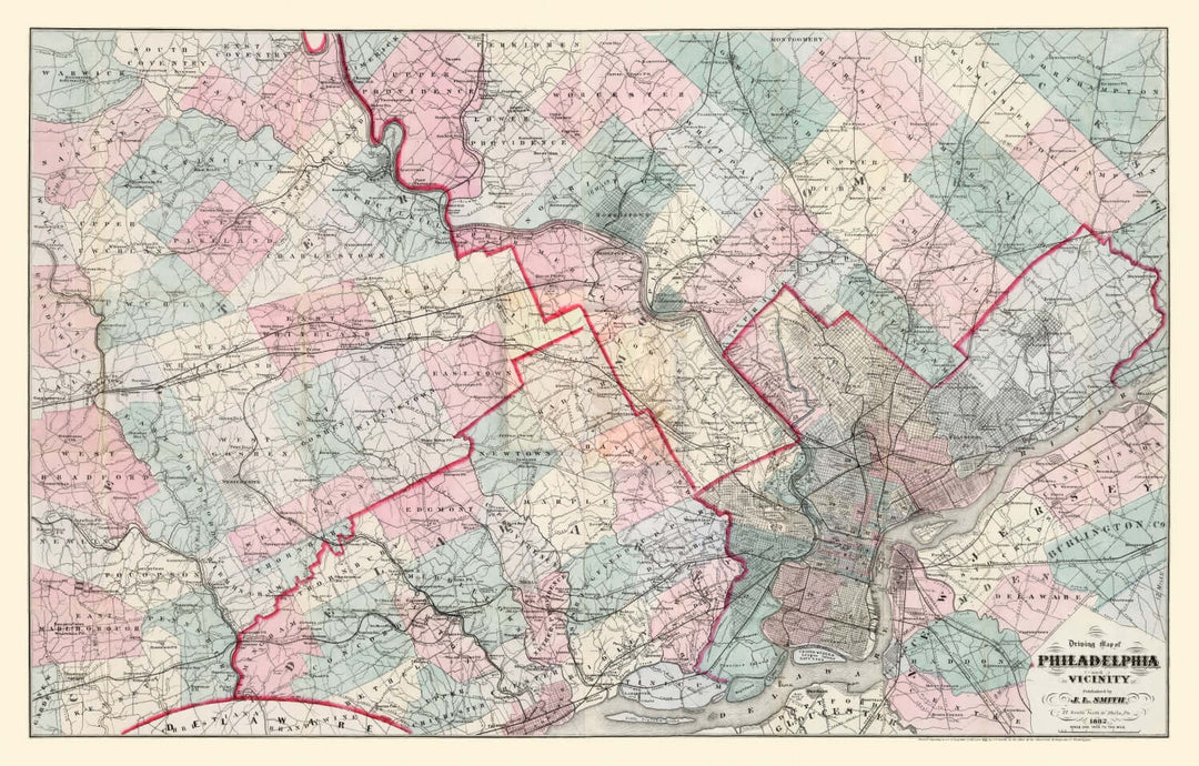 Antique Map of Philadelphia, Pennsylvania from 1882, showcasing historical cartographic details and vibrant colors.