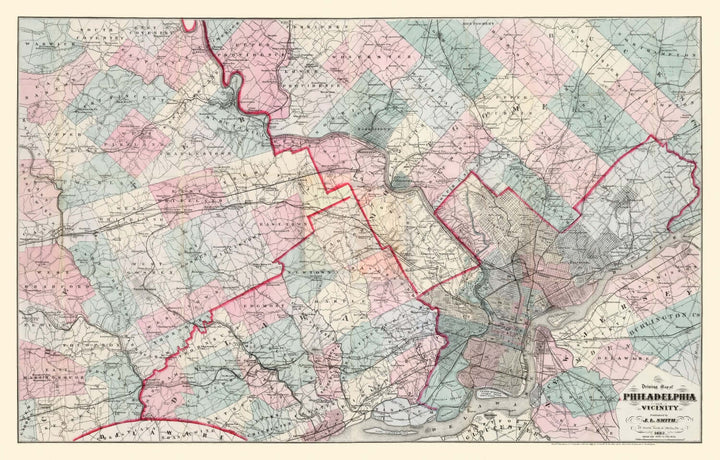 Antique Map of Philadelphia, Pennsylvania from 1882, showcasing historical cartographic details and vibrant colors.