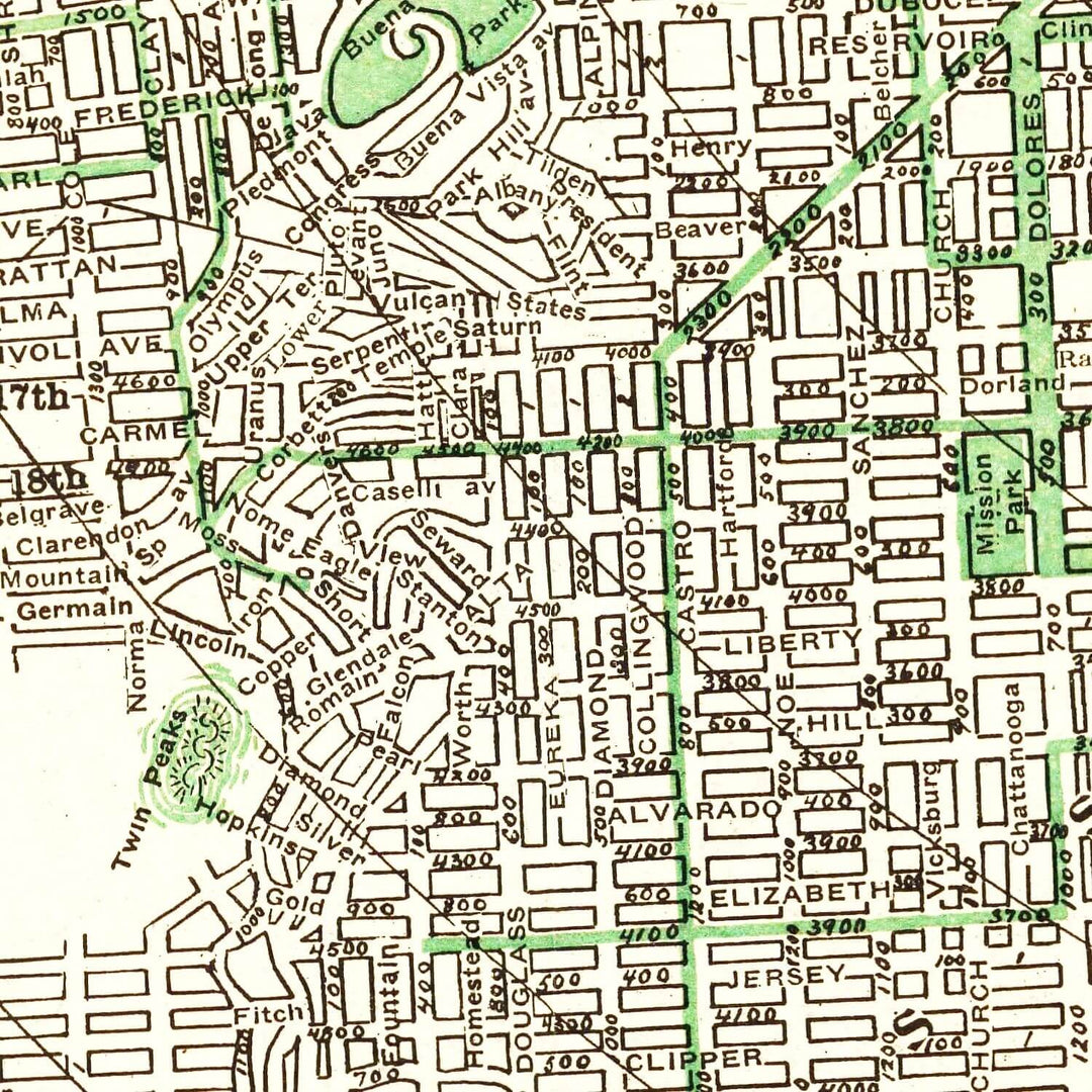 Antique Map of San Francisco, California from 1906 showing historic street layout and landmarks.