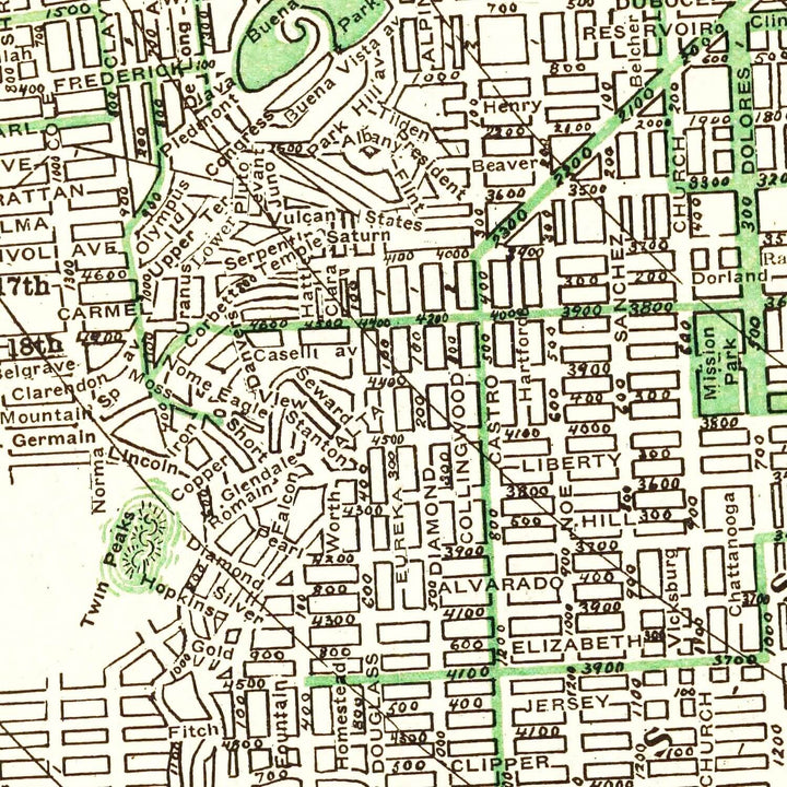 Antique Map of San Francisco, California from 1906 showing historic street layout and landmarks.