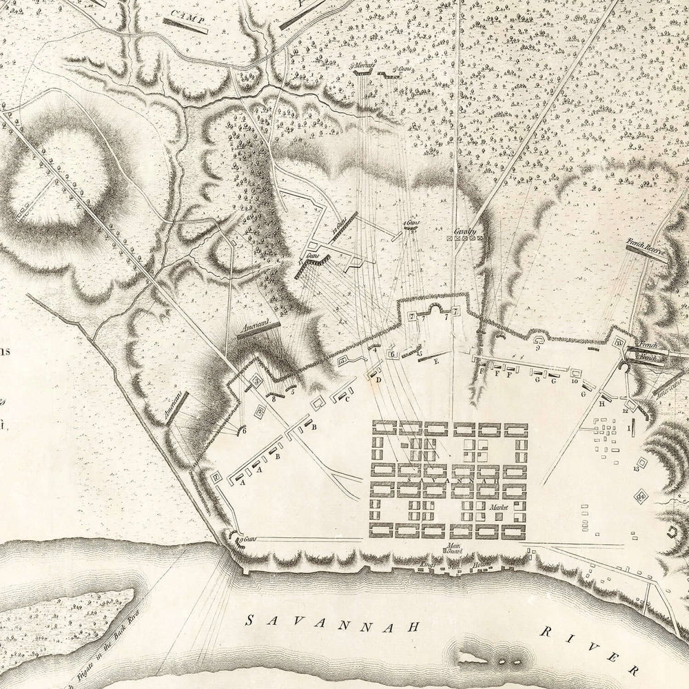 Antique Map of Savannah, Georgia from 1794 showing historic colonial landscape and port city design.