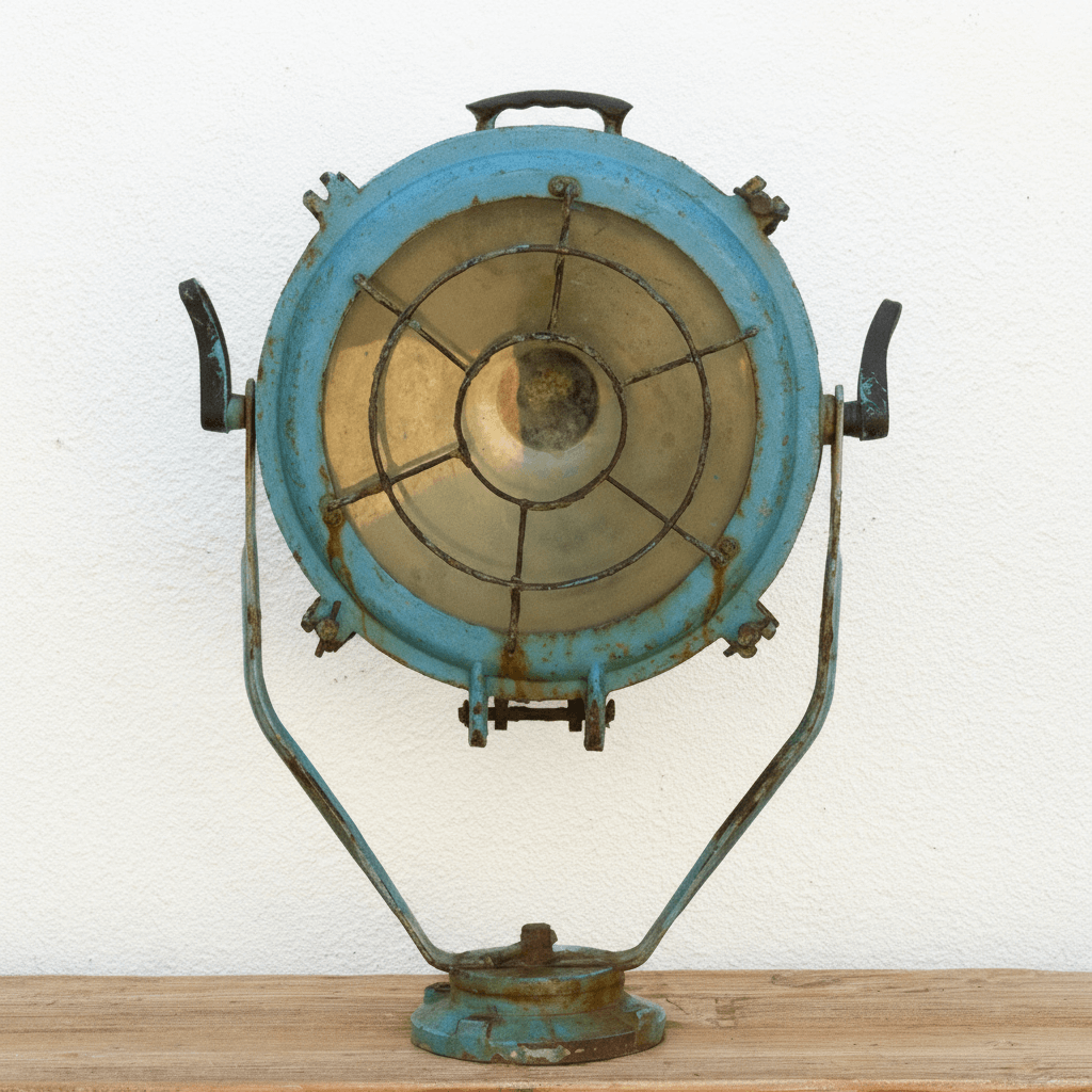 Antique Nautical Ship Spotlight with blue metal finish, a relic of maritime history and industrial elegance.