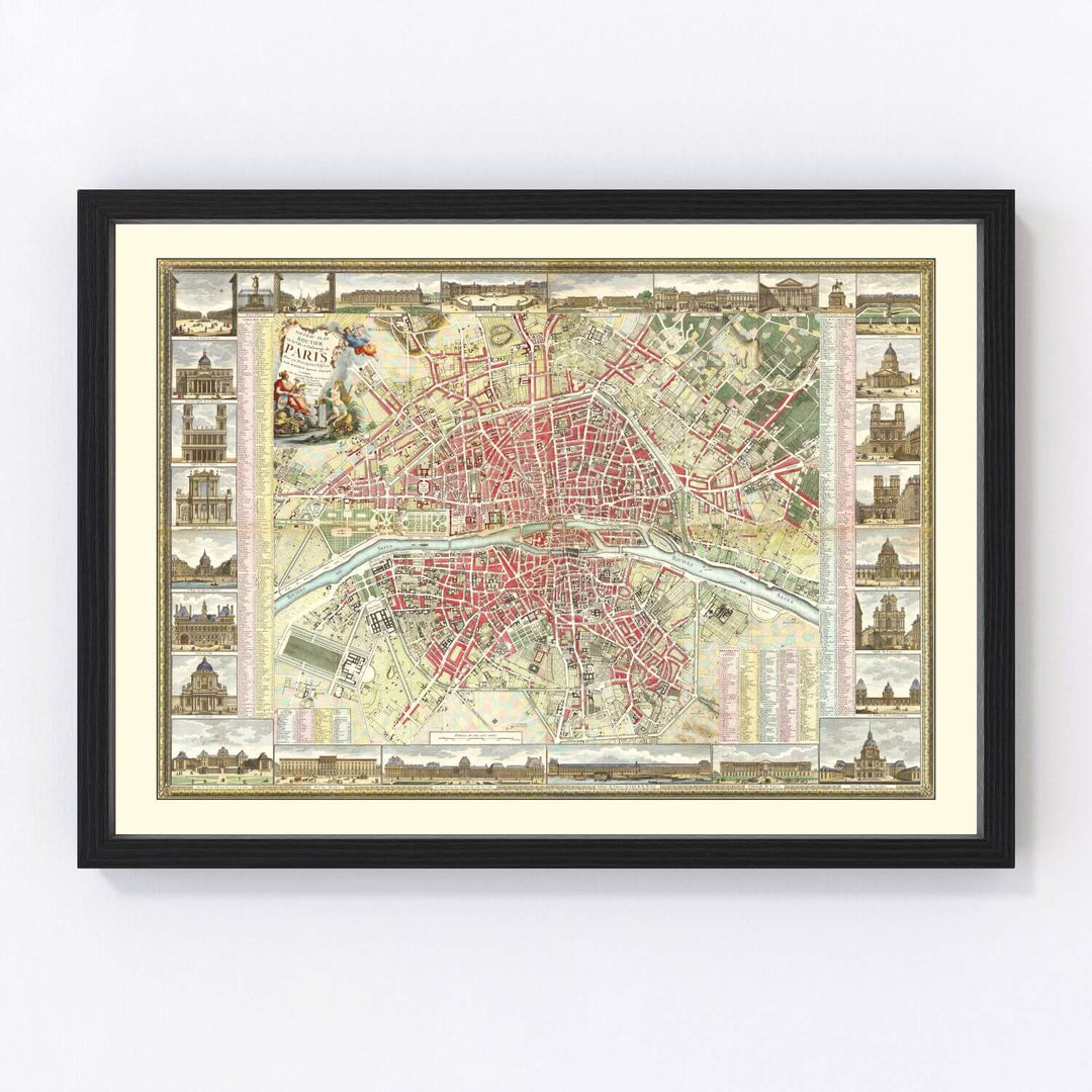 Antique Paris Map Print from 1784, 18th-century restored engraving, Parisian historical artwork