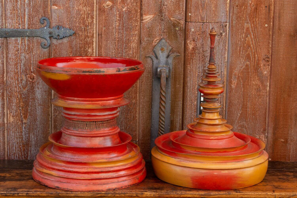 Antique Shan-Style Burmese Temple Vessel showcasing sacred 19th-century craftsmanship against rustic wooden background.