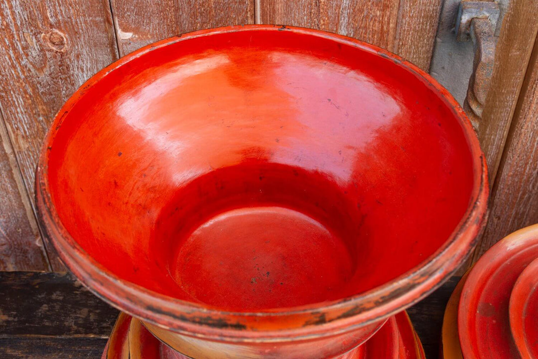 Antique Shan-Style Burmese Temple Vessel, 19th-century offering dish, sacred Burmese craftsmanship, red lacquered artifact, stupa shape