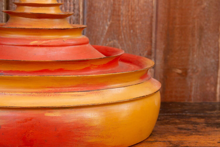 Antique Shan-Style Burmese Temple Vessel with vibrant red and gold layers, evoking the sacred stupa design and Burmese craftsmanship.