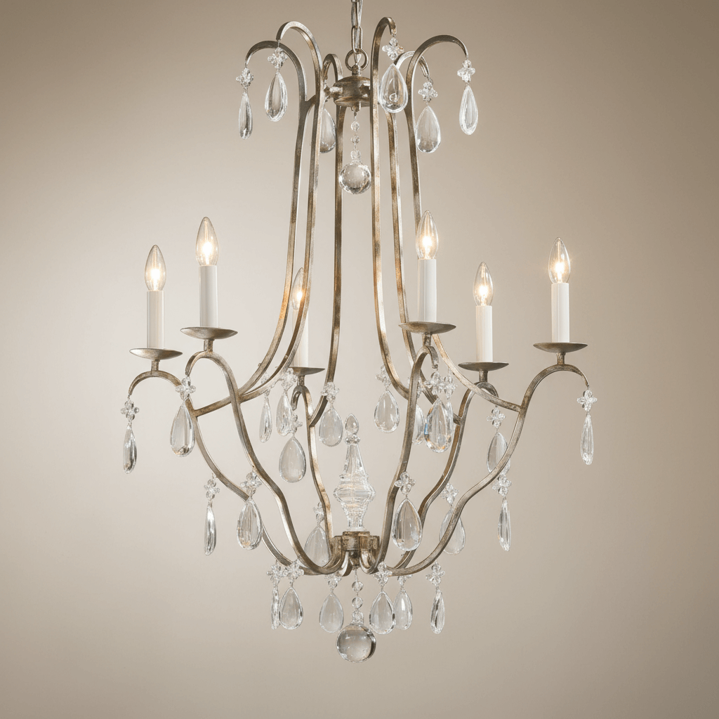Antique Silver Leaf Italian Chandelier with Crystal Drops illuminated against a neutral background