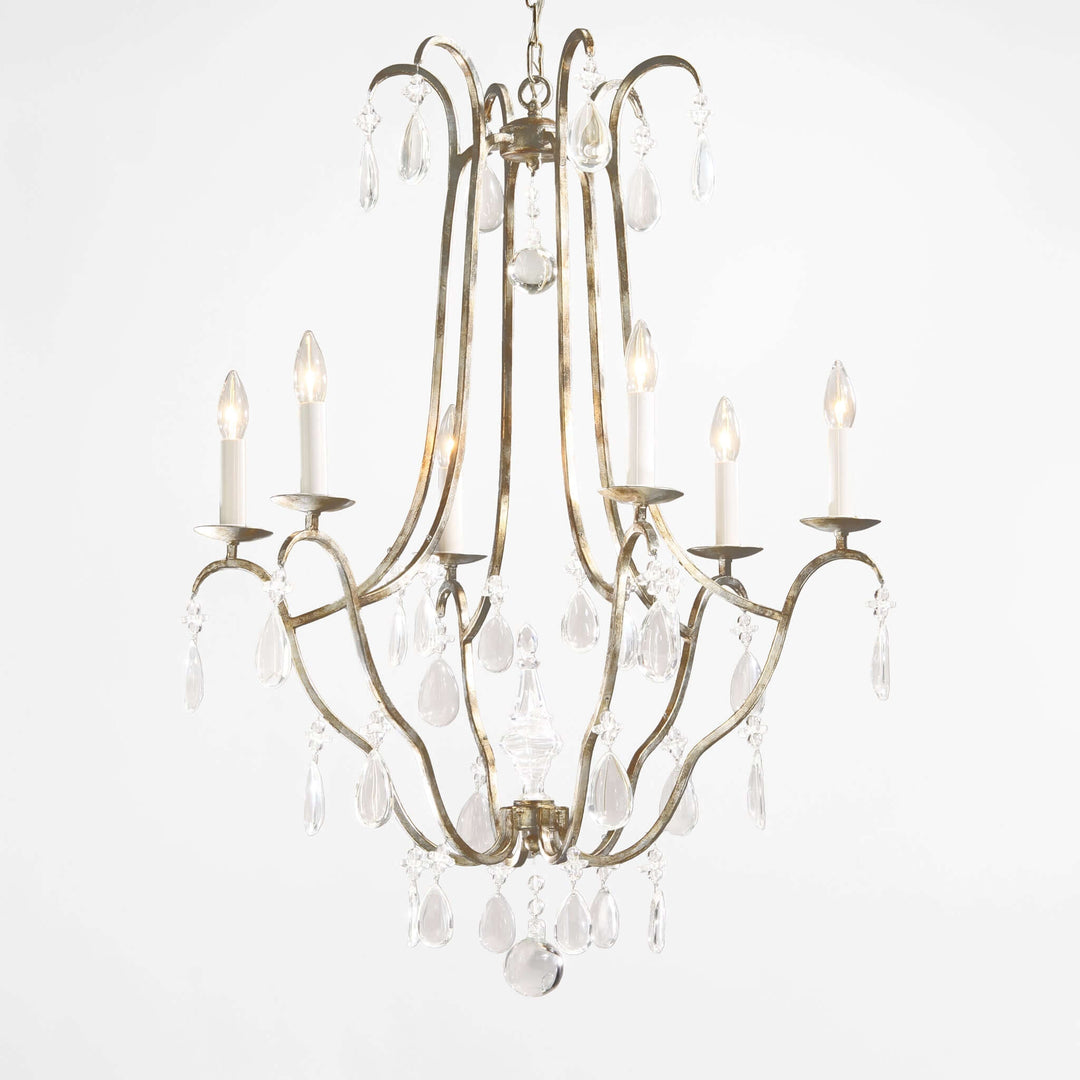 Antique Silver Leaf Italian Chandelier with Crystal Drops lit and elegant
