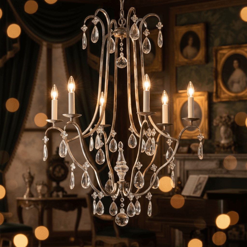 Antique Silver Leaf Italian Chandelier with Crystal Drops, handcrafted elegance illuminating vintage glamour interiors.