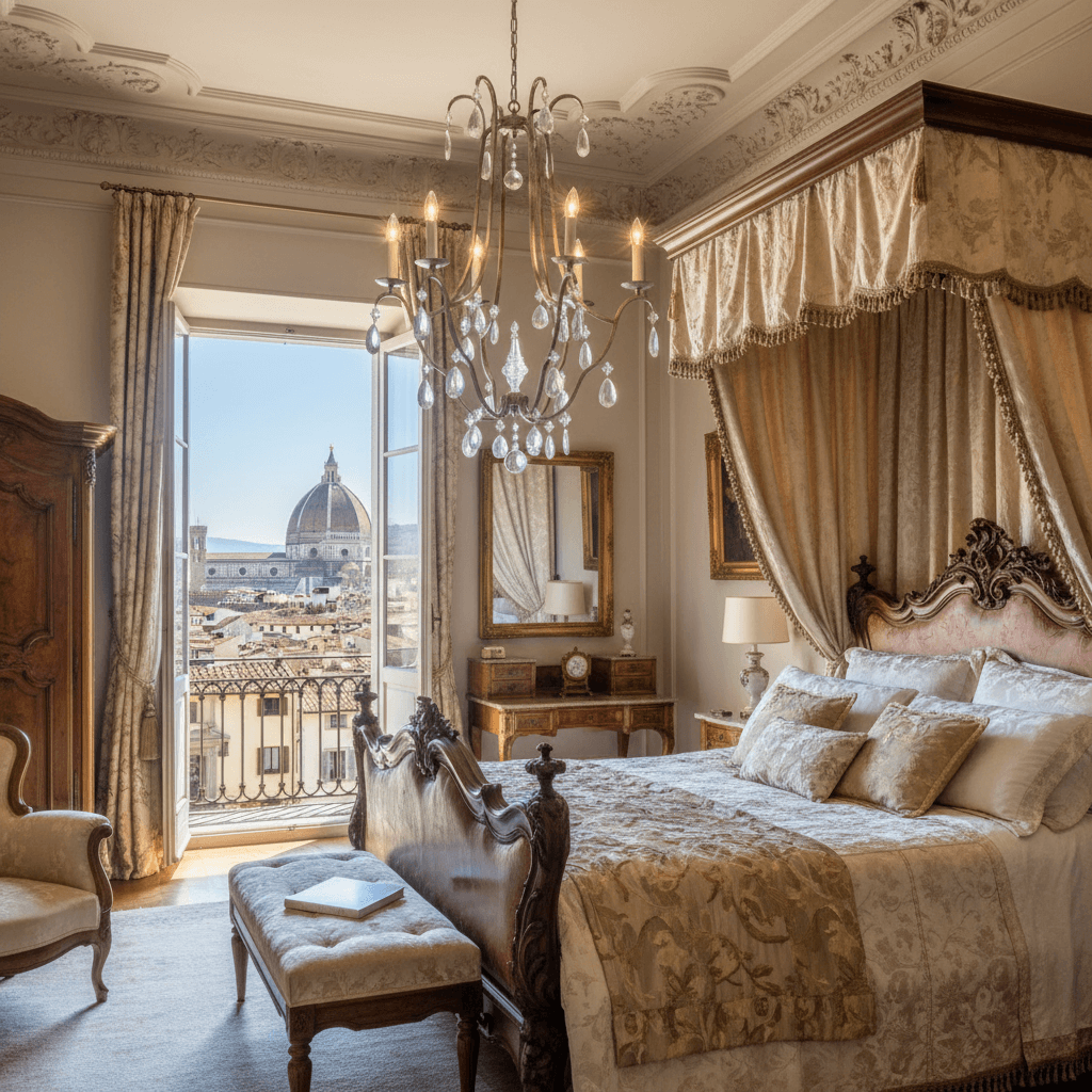 Luxurious bedroom with Antique Silver Leaf Italian Chandelier with Crystal Drops, overlooking a city with classic architecture.