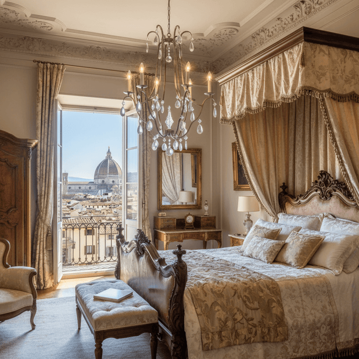 Luxurious bedroom with Antique Silver Leaf Italian Chandelier with Crystal Drops, overlooking a city with classic architecture.