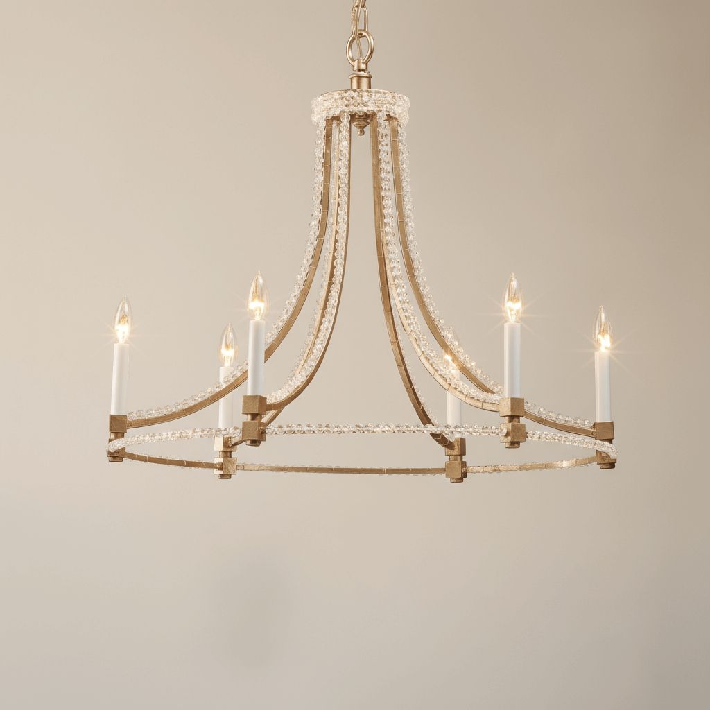 Antique Silver Leaf Italian Chandelier with Glass Beads, featuring handcrafted ironwork and cascading glass bead strands.