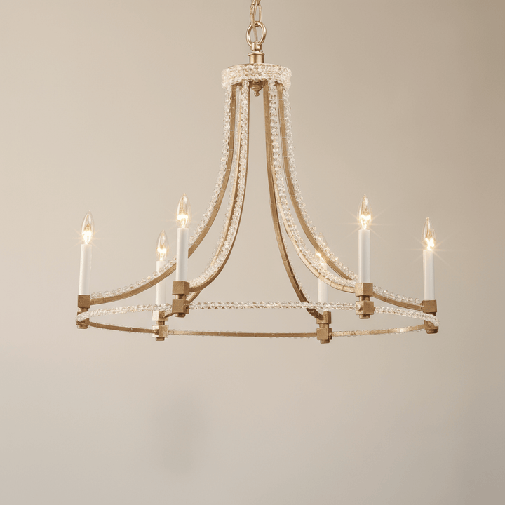 Antique Silver Leaf Italian Chandelier with Glass Beads, featuring handcrafted ironwork and cascading glass bead strands.