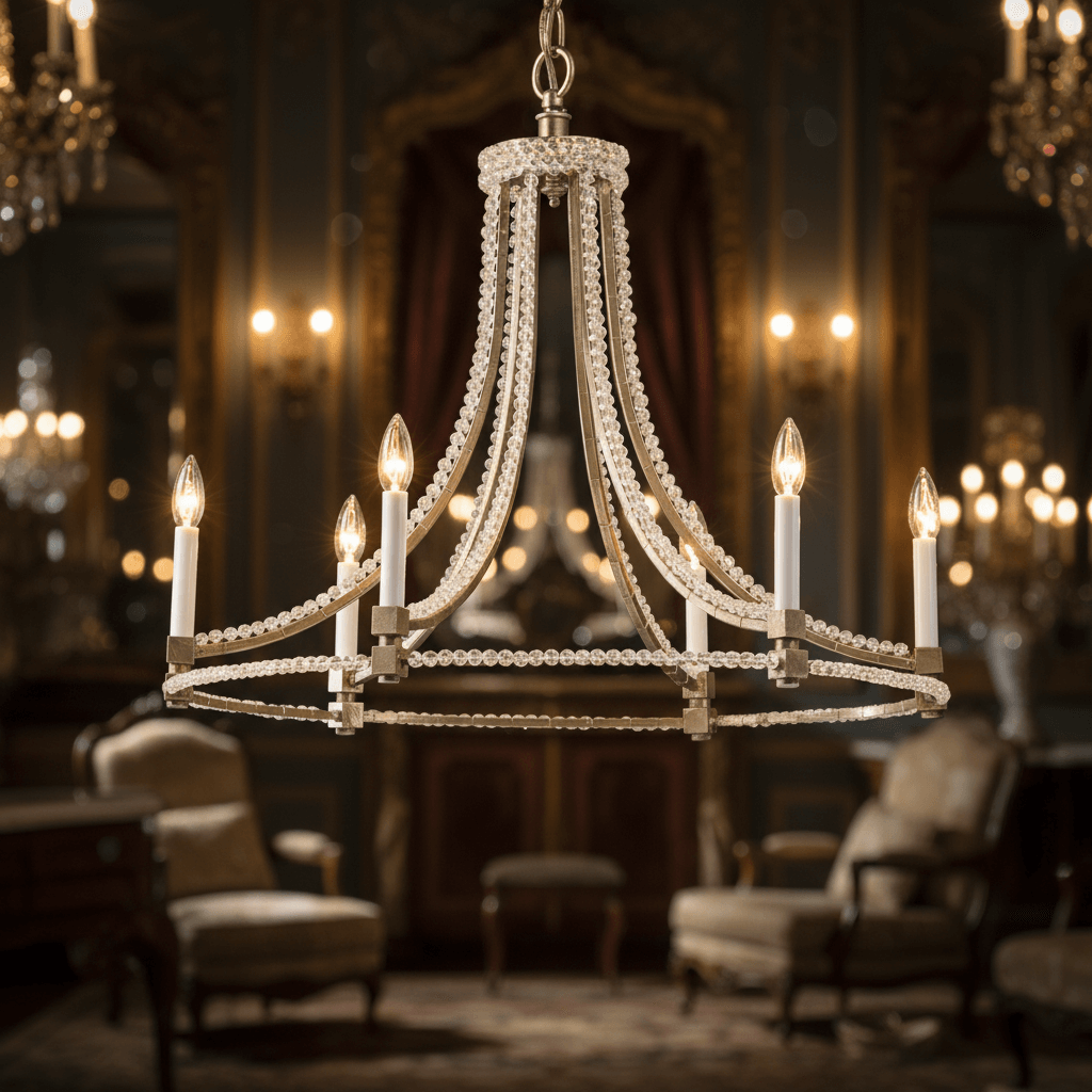 Antique Silver Leaf Italian Chandelier with Glass Beads illuminating an elegant room, enhancing its classic decor with shimmering elegance.