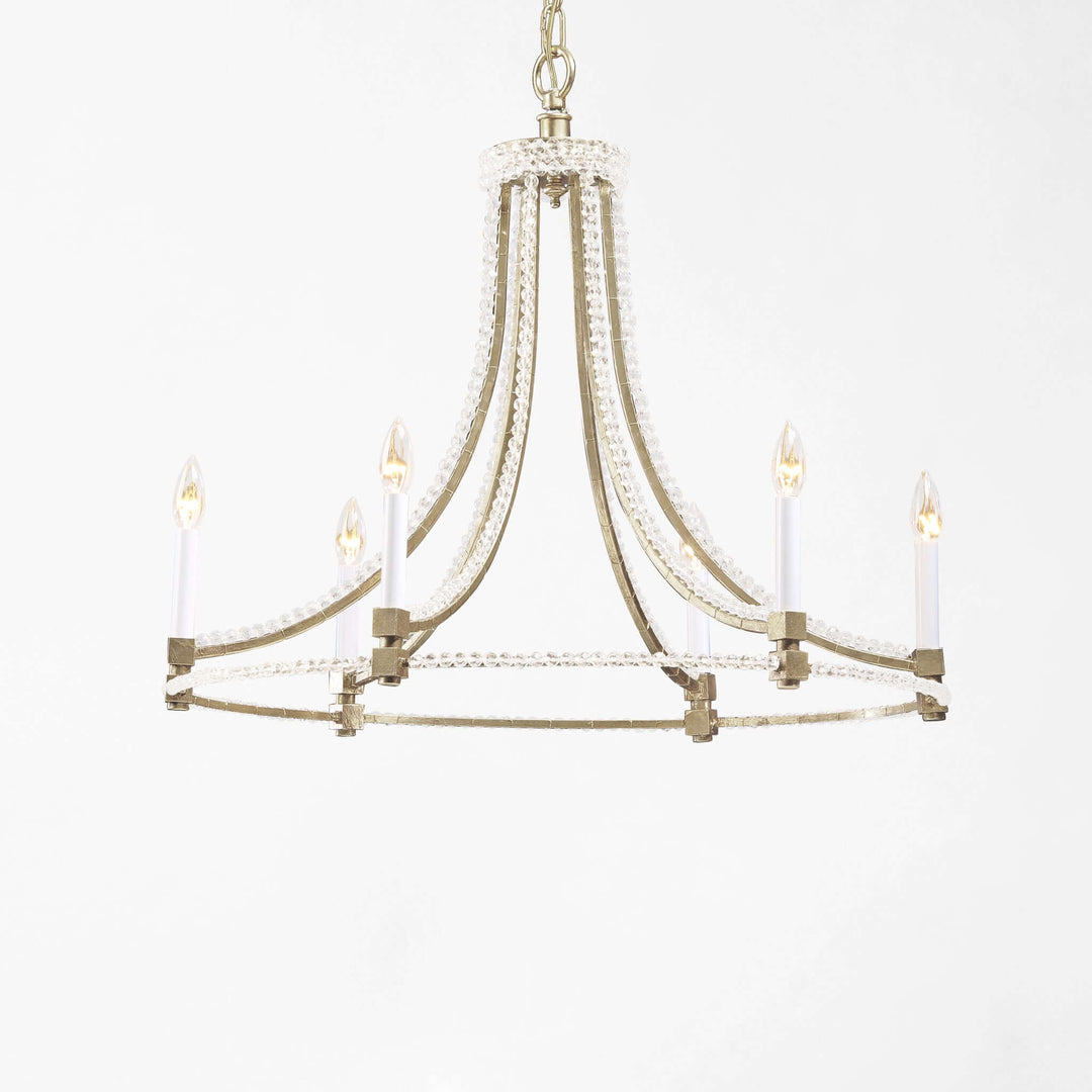 Antique Silver Leaf Italian Chandelier with Glass Beads, elegant hand-crafted ironwork, draped in shimmering glass, lit candles.