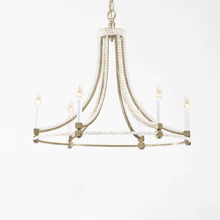 Antique Silver Leaf Italian Chandelier with Glass Beads, elegant hand-crafted ironwork, draped in shimmering glass, lit candles.