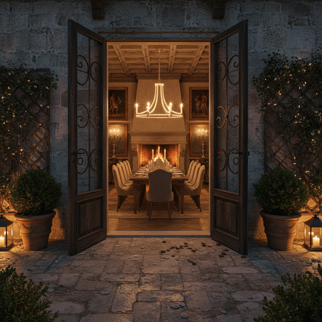 Elegantly lit interior with Antique Silver Leaf Italian Chandelier with Glass Beads seen through open doors.